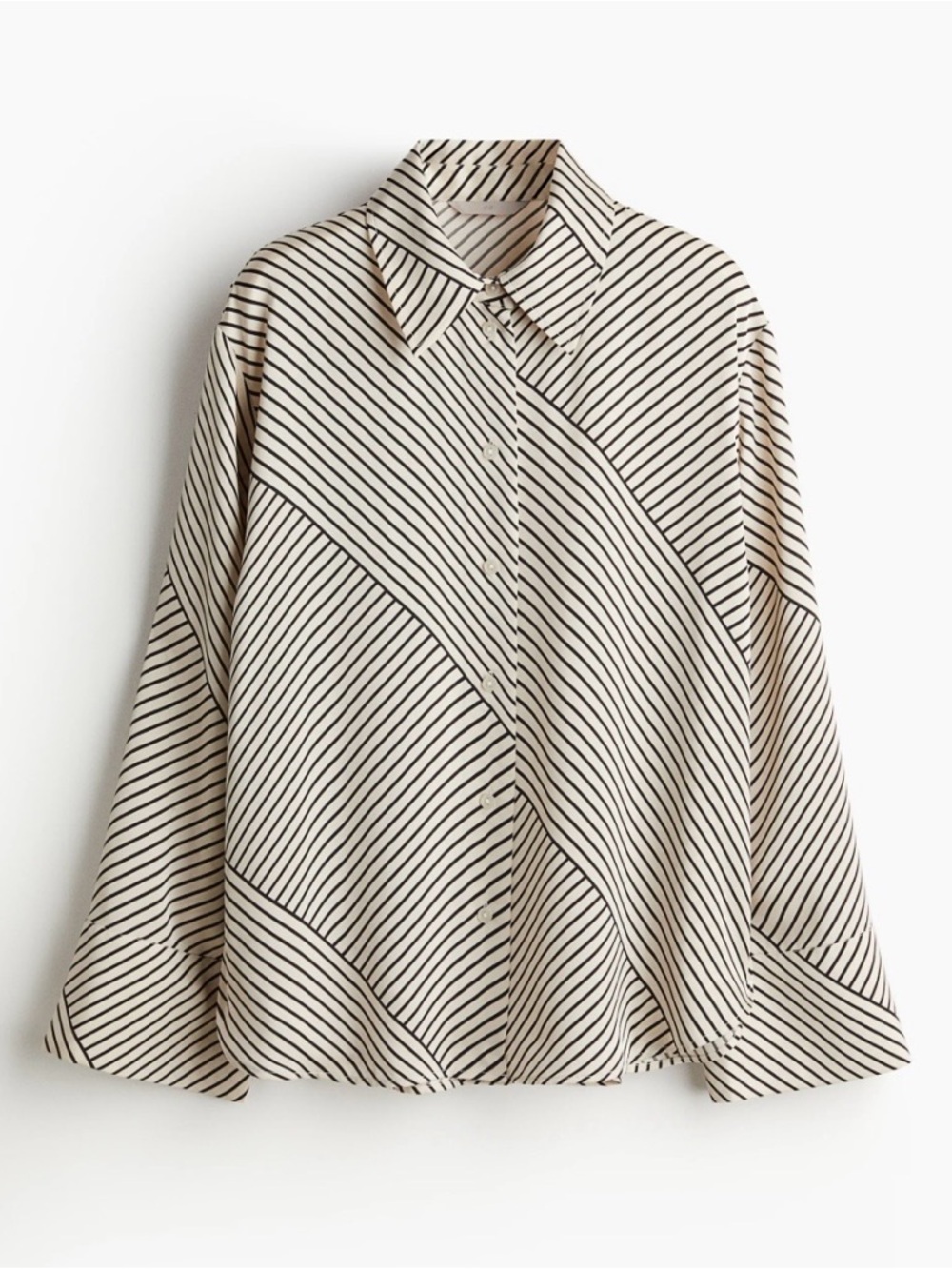 Striped Satin Button-Up Shirt - Cream with Black Stripes Size Medium